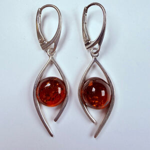 Baltic Cognac Amber With Insects Modernist Sterling Silver Lever-back Earrings